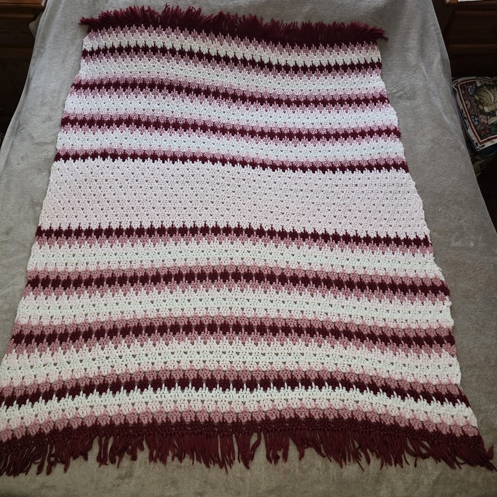 Striped Handcrafted Crochet Blanket In Pink White And Raspberry with Fringe